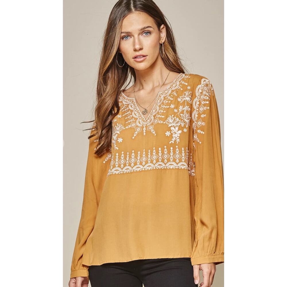 Savanna Jane Marigold Embroidered Long Sleeve Blouse Plus Size 1X